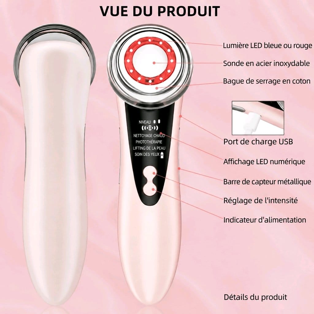 Gezichtsmassager met LED lichttherapie en echogolven